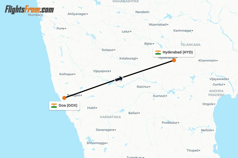 Flights from Goa to Hyderabad route map