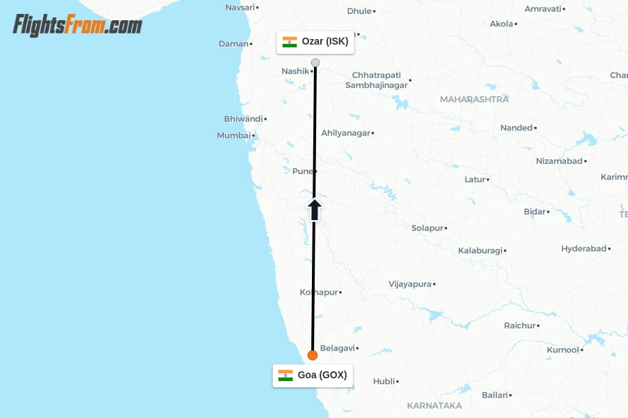 Flights from Goa to Ozar route map
