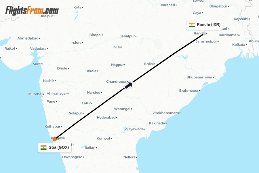 Flights from Goa to Ranchi route map