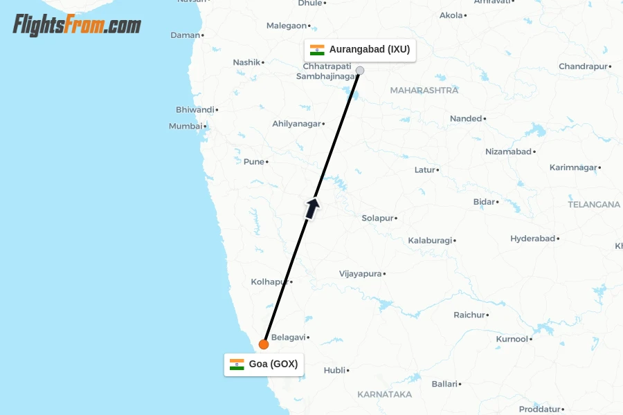 Flights from Goa to Aurangabad route map