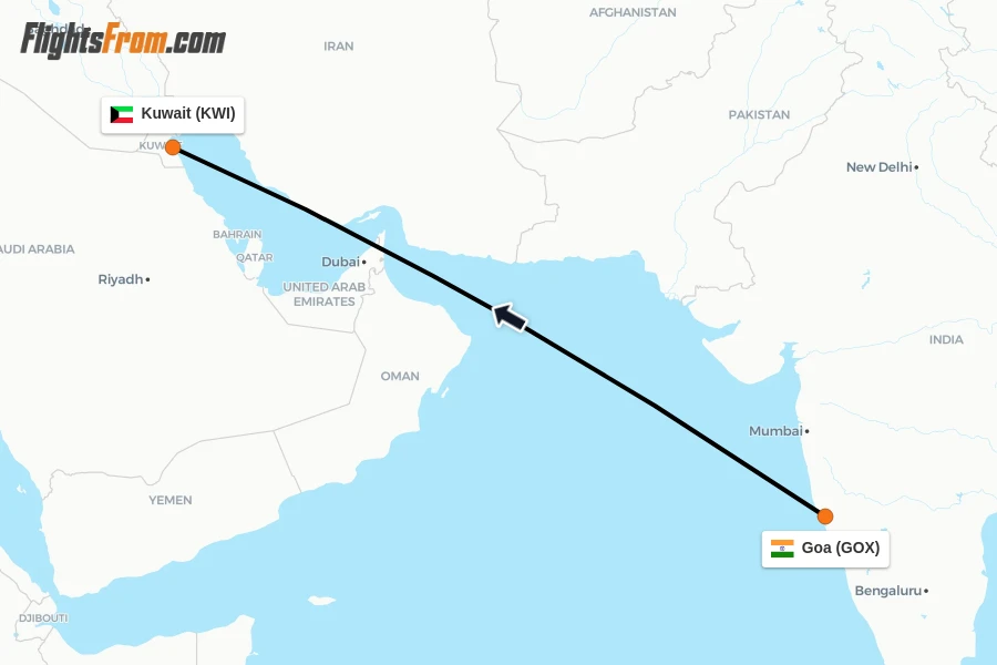 Flights from Goa to Kuwait route map