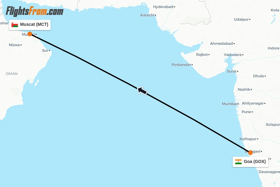 Flights from Goa to Muscat route map