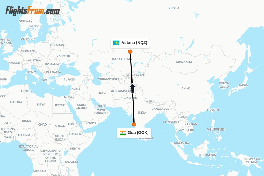 Flights from Goa to Astana route map