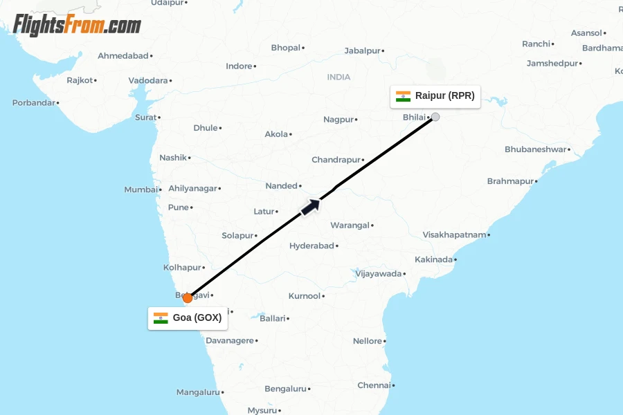 Flights from Goa to Raipur route map