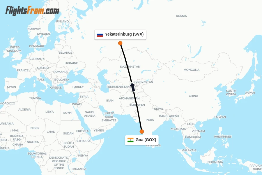 Flights from Goa to Yekaterinburg route map