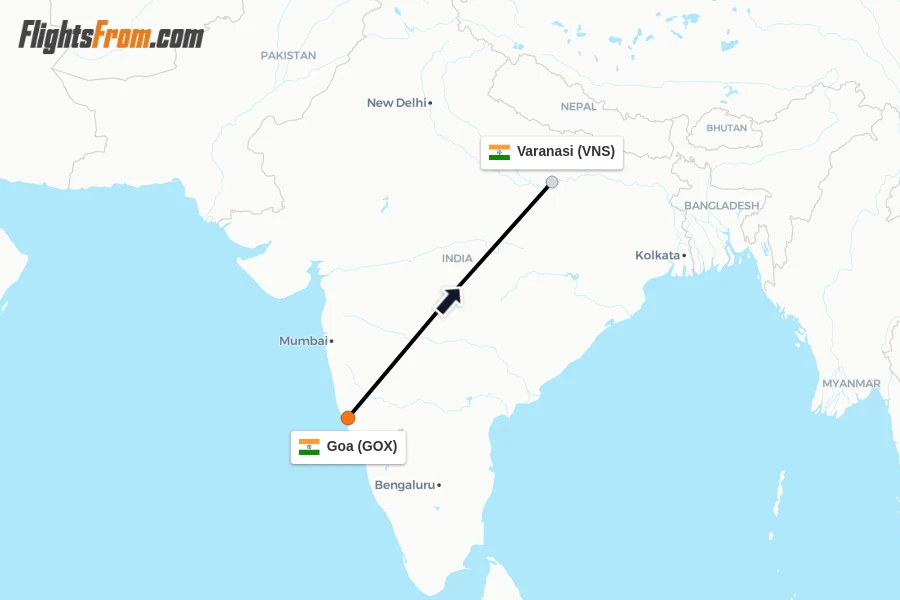 Flights from Goa to Varanasi route map