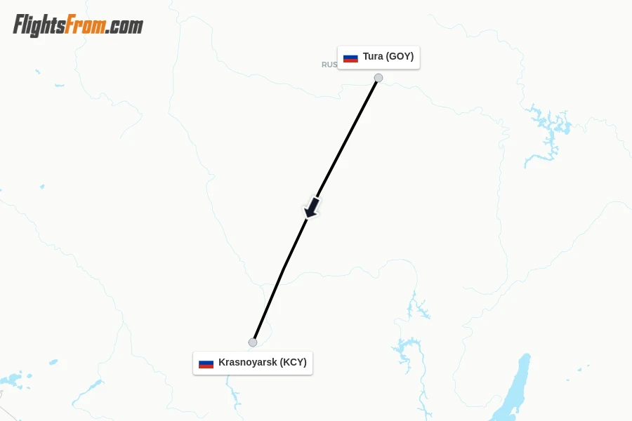 Flights from Tura to Krasnoyarsk route map