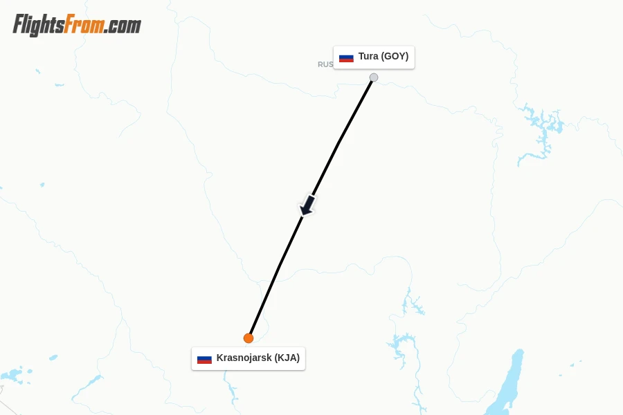 Flights from Tura to Krasnojarsk route map