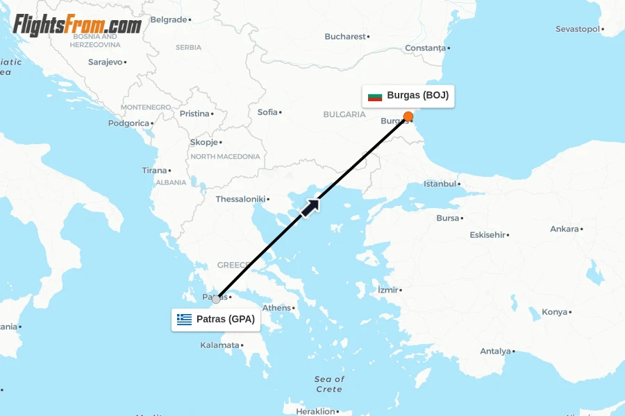 Flights from Patras to Burgas route map