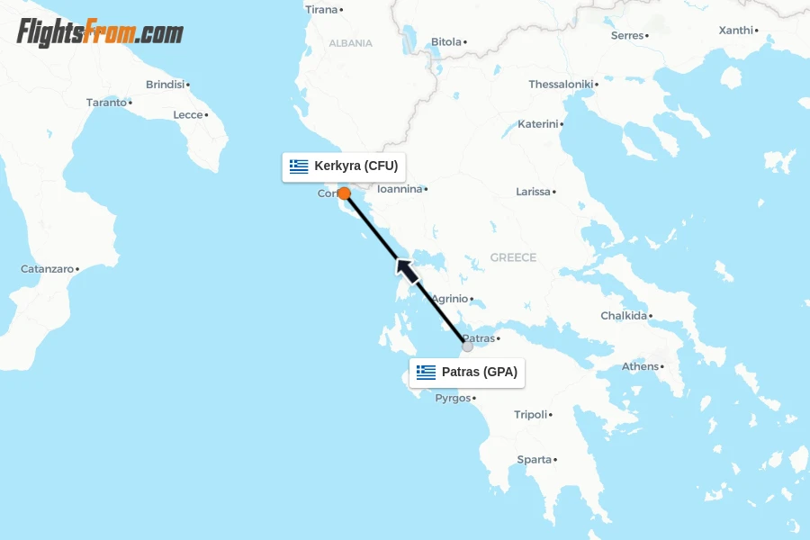 Flights from Patras to Kerkyra route map