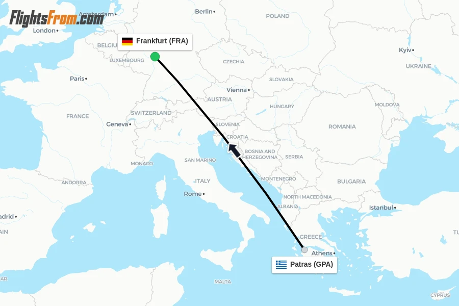 Flights from Patras to Frankfurt route map