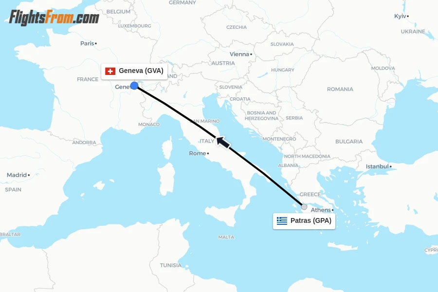 Flights from Patras to Geneva route map
