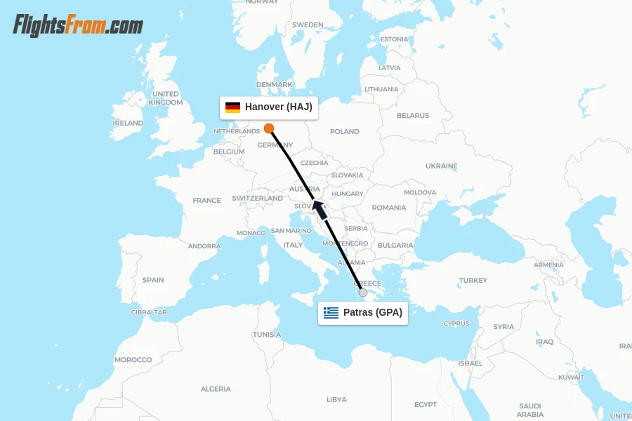 Flights from Patras to Hanover route map