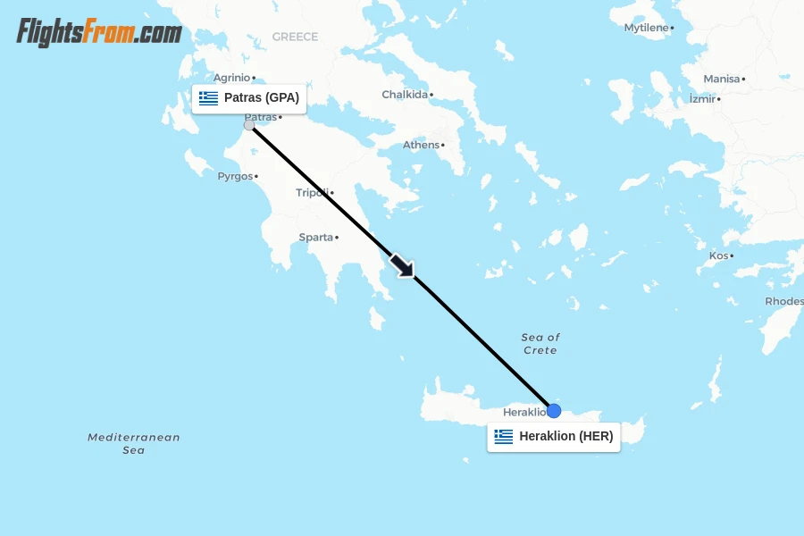 Flights from Patras to Heraklion route map