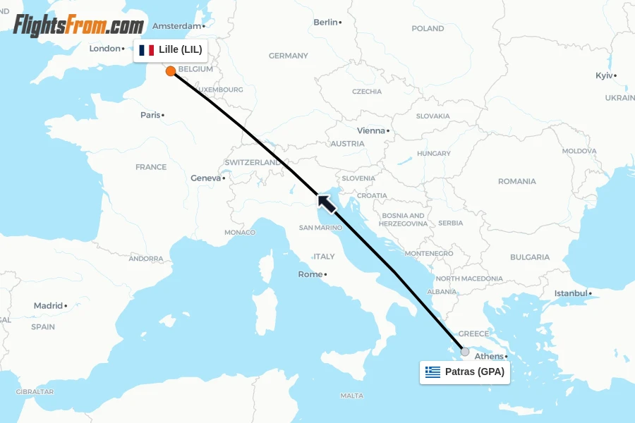 Flights from Patras to Lille route map