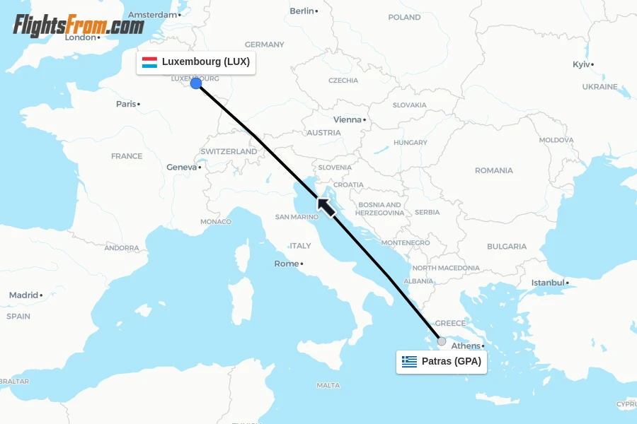 Flights from Patras to Luxembourg route map