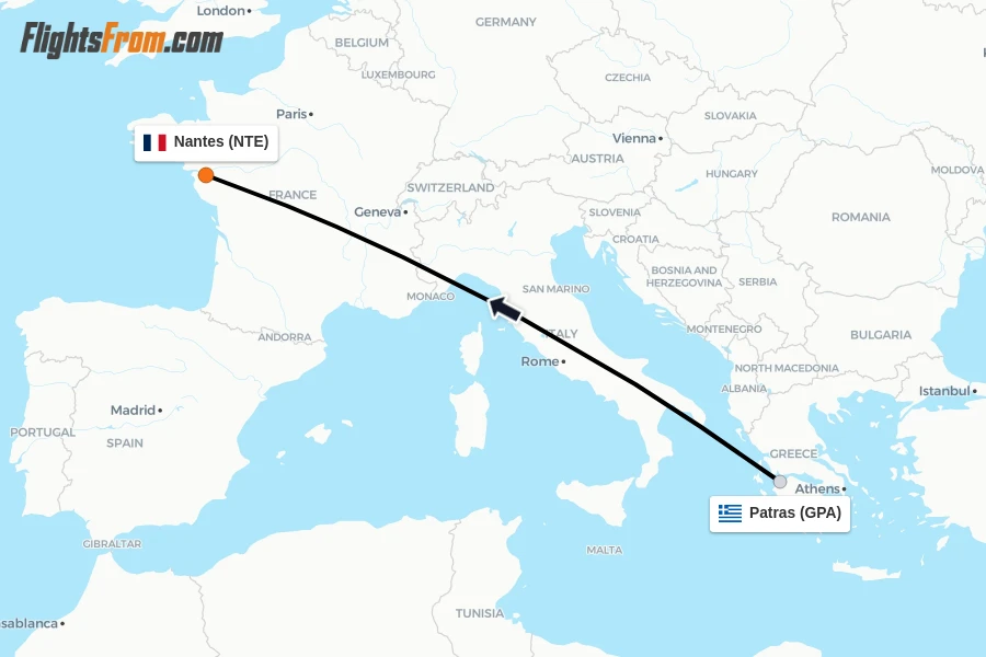 Flights from Patras to Nantes route map