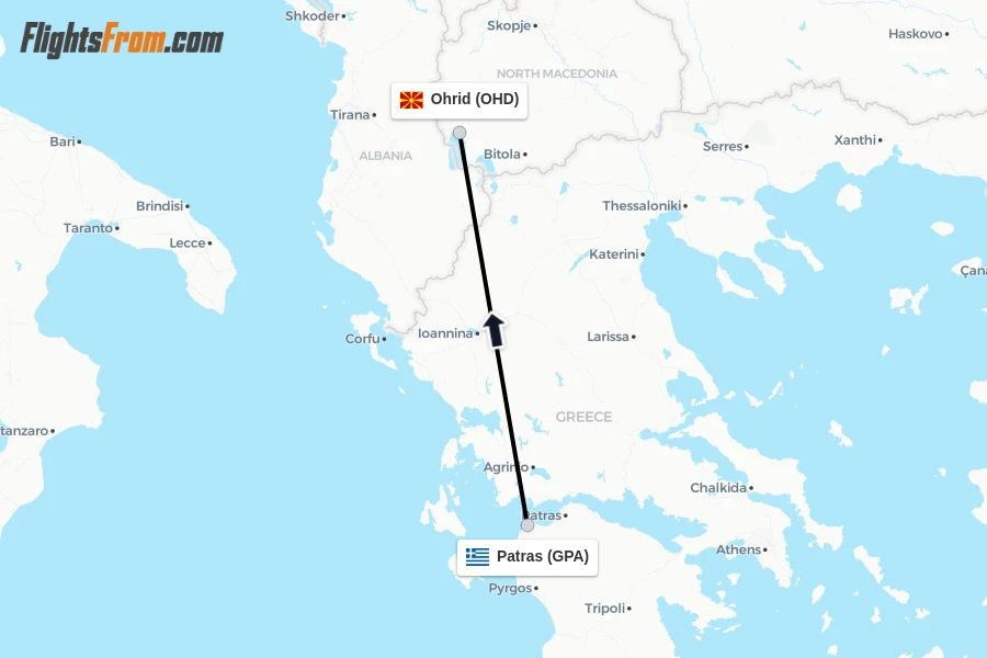 Flights from Patras to Ohrid route map