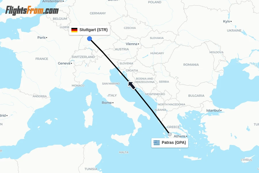 Flights from Patras to Stuttgart route map