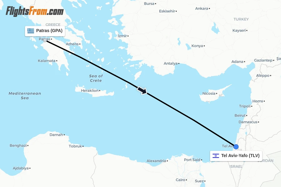 Flights from Patras to Tel Aviv-Yafo route map