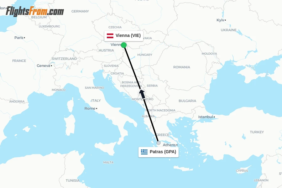 Flights from Patras to Vienna route map