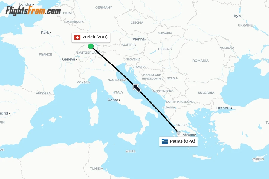 Flights from Patras to Zurich route map