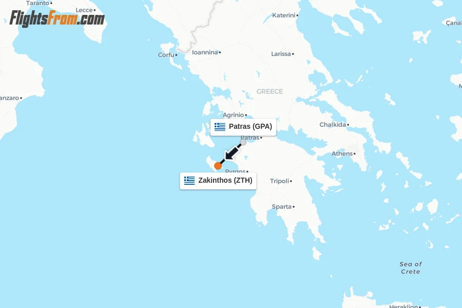 Flights from Patras to Zakinthos route map