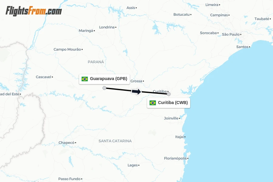 Flights from Guarapuava to Curitiba route map