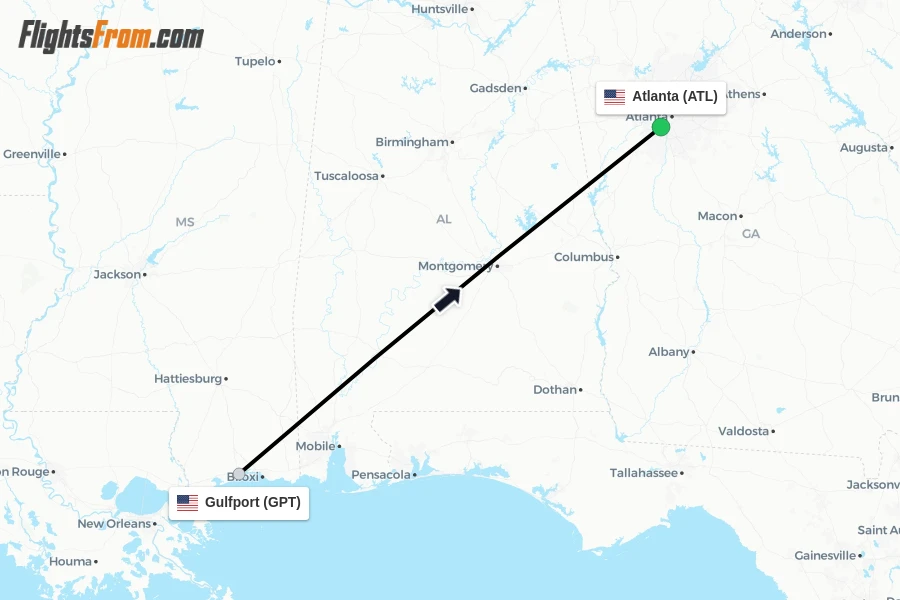 Flights from Gulfport to Atlanta route map
