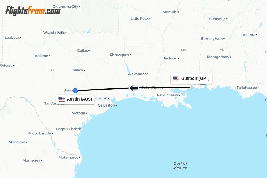 Flights from Gulfport to Austin route map