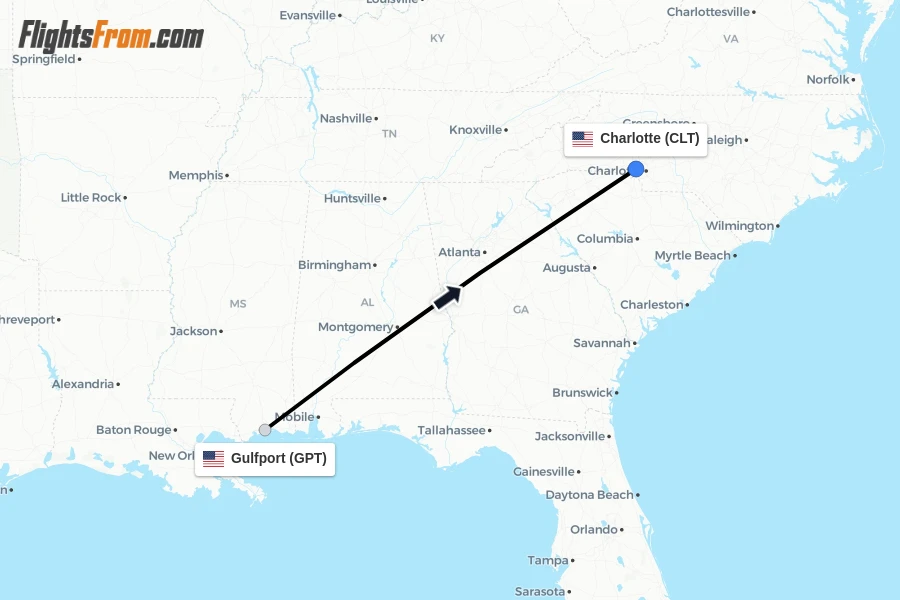 Flights from Gulfport to Charlotte route map