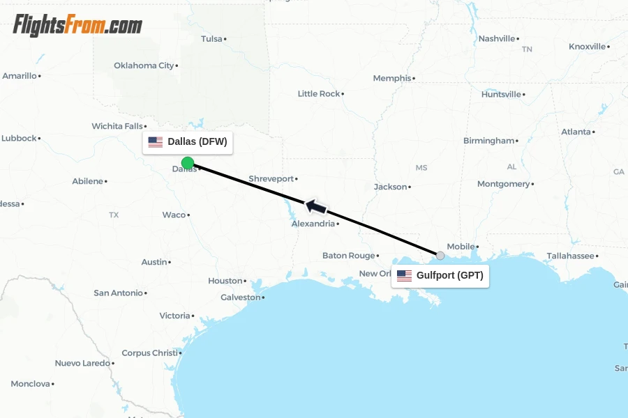 Flights from Gulfport to Dallas route map