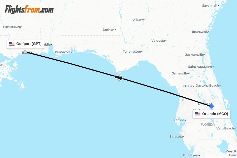 Flights from Gulfport to Orlando route map