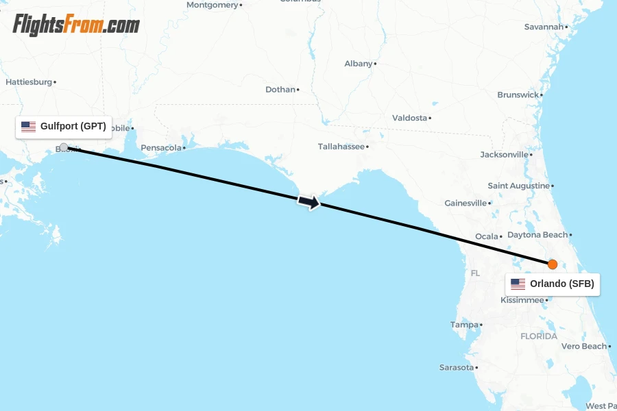 Flights from Gulfport to Orlando route map