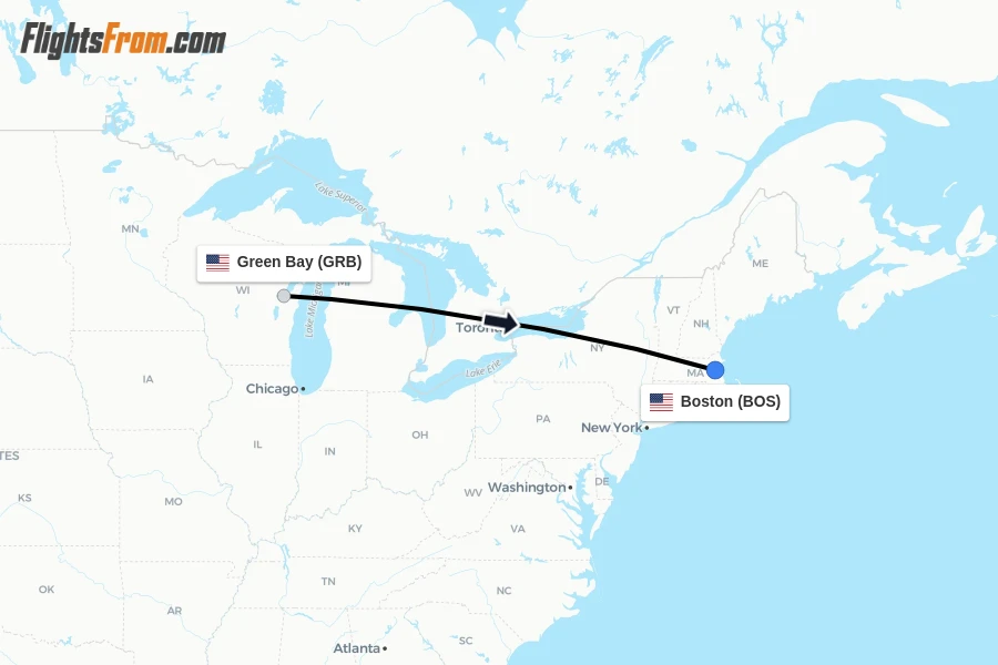 Flights from Green Bay to Boston route map