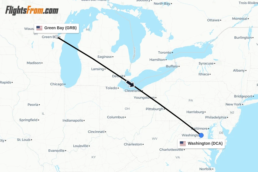 Flights from Green Bay to Washington route map