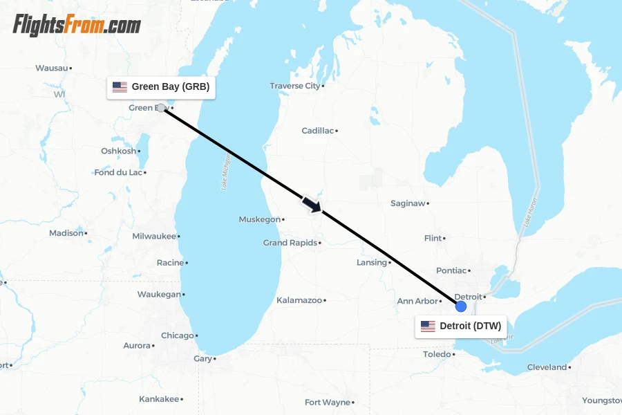 Flights from Green Bay to Detroit route map