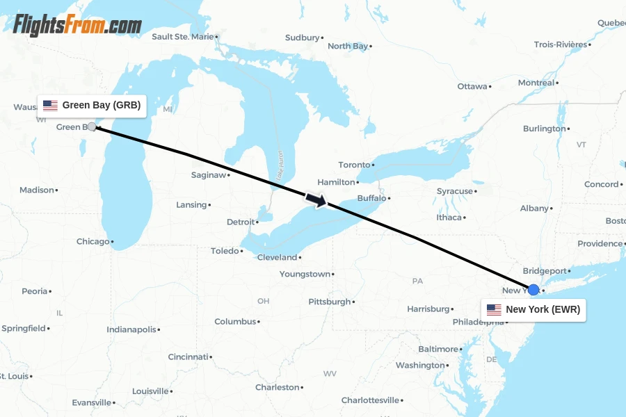 Flights from Green Bay to New York route map