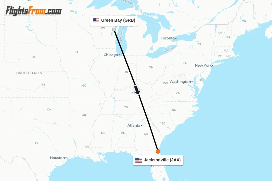 Flights from Green Bay to Jacksonville route map