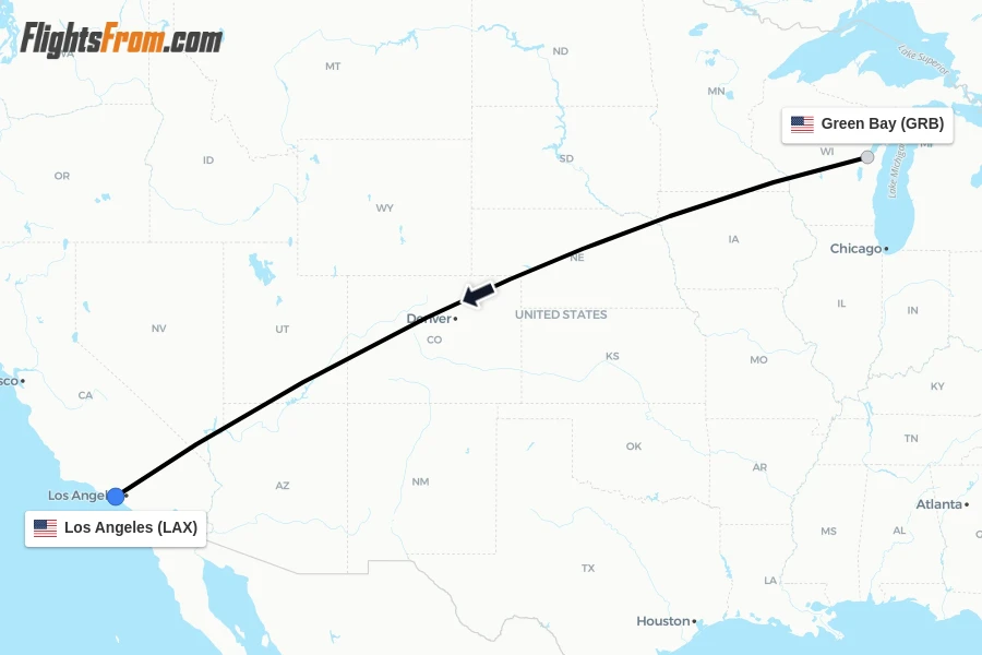 Flights from Green Bay to Los Angeles route map