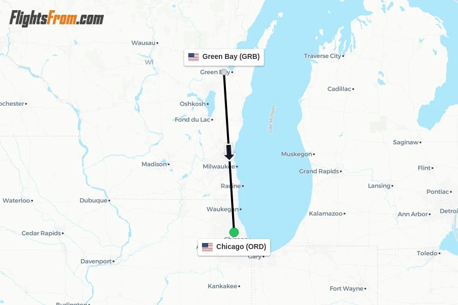 Flights from Green Bay to Chicago route map