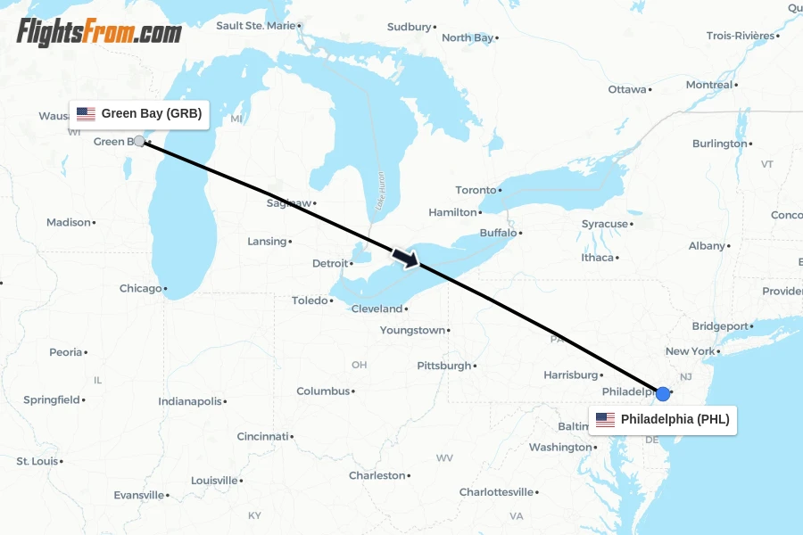 Flights from Green Bay to Philadelphia route map