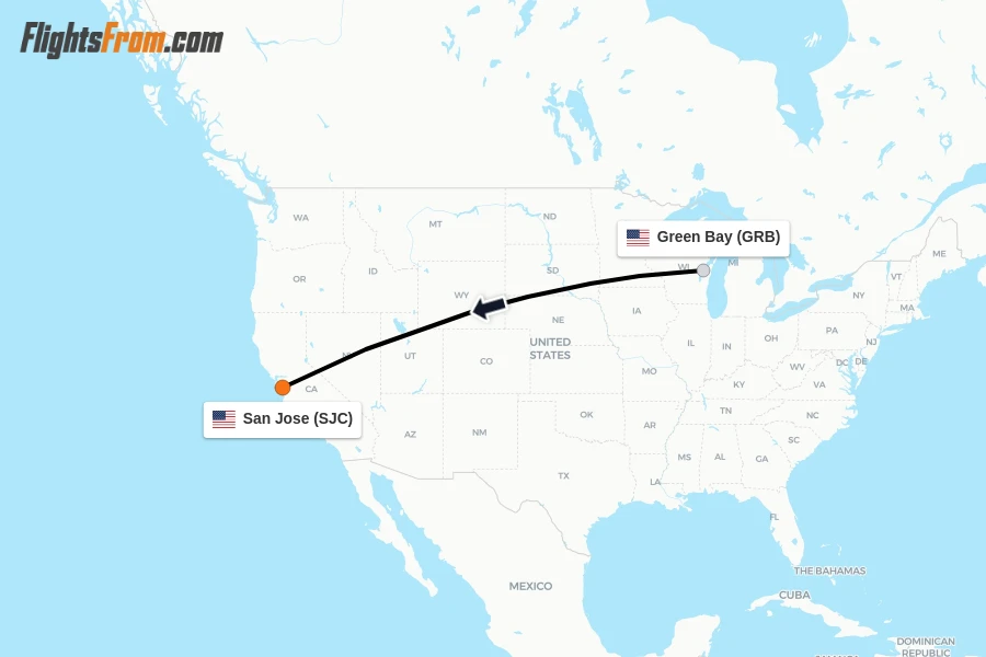 Flights from Green Bay to San Jose route map