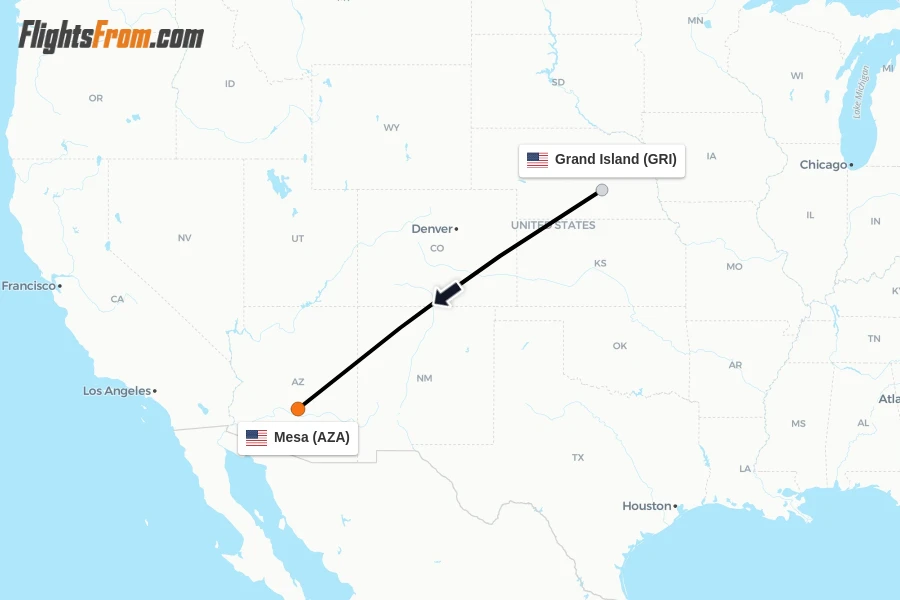 Flights from Grand Island to Mesa route map