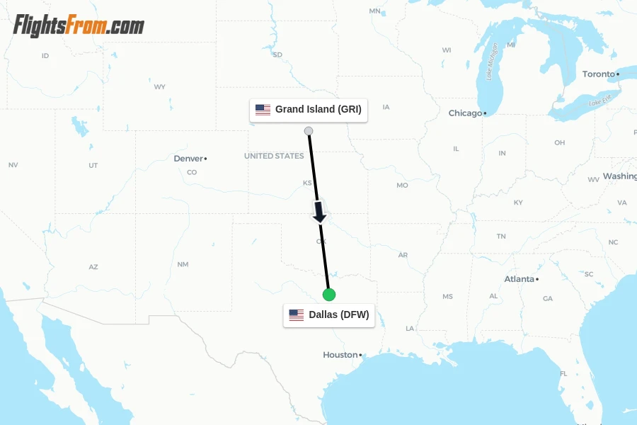 Flights from Grand Island to Dallas route map