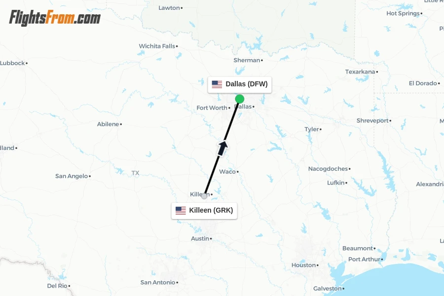 Flights from Killeen to Dallas route map
