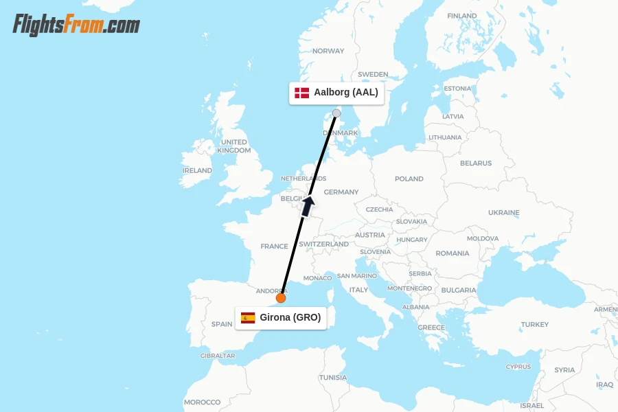 Flights from Girona to Aalborg route map