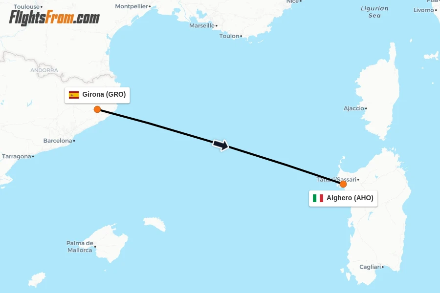 Flights from Girona to Alghero route map