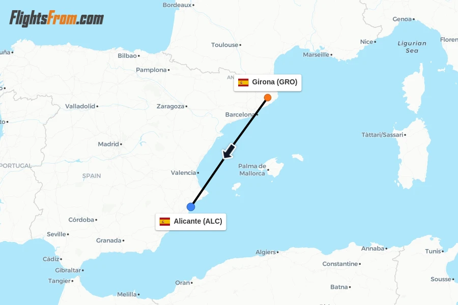 Flights from Girona to Alicante route map