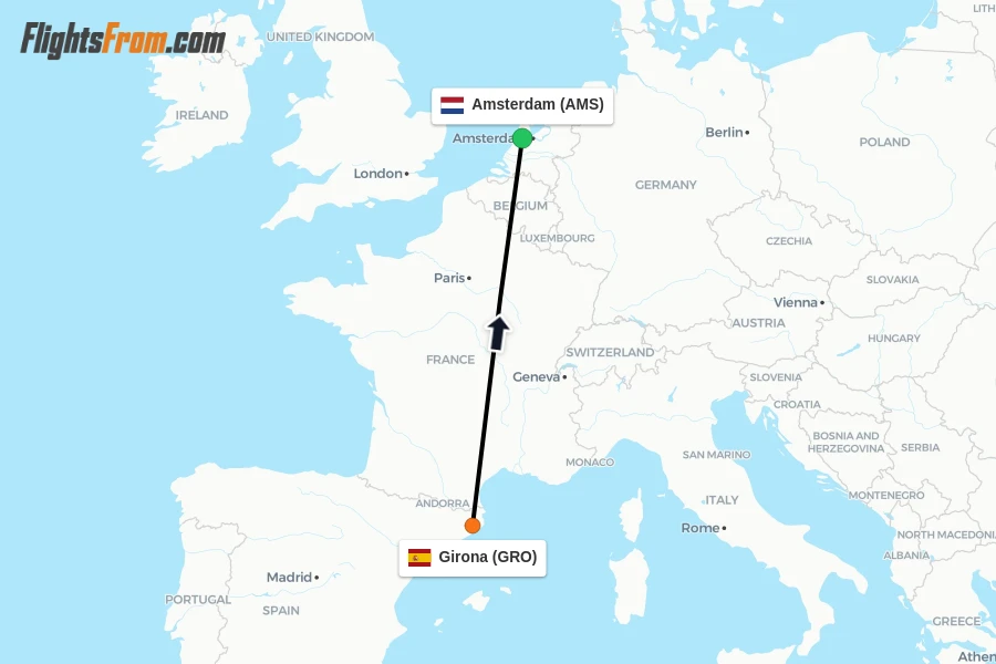 Flights from Girona to Amsterdam route map